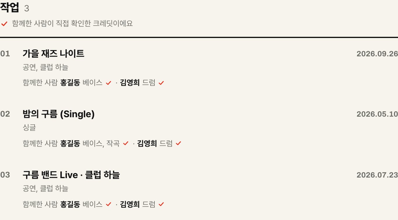 작업 목록. 각 줄에 함께한 사람 이름과 빨간 확인 표시가 붙어 있다